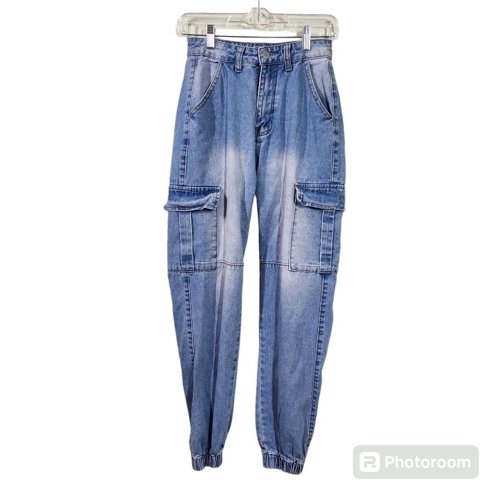 SHEIN Jeans Cargo Barrel Jeans High Rise Elastic Hem, sz XS